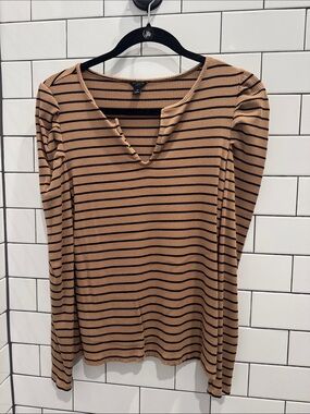 Ann Taylor Camel and Black Striped V-Notch Long Sleeve Top
